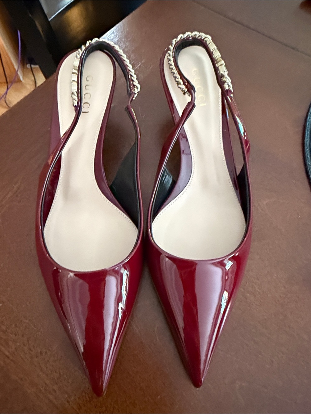 Gucci Burgundy Patent Leather Slingback Pumps with Chain Accent